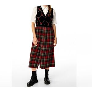 Vintage 90s Christmas Plaid Casey & Max Midi Dress M Poinsettias Tartan Plaid
